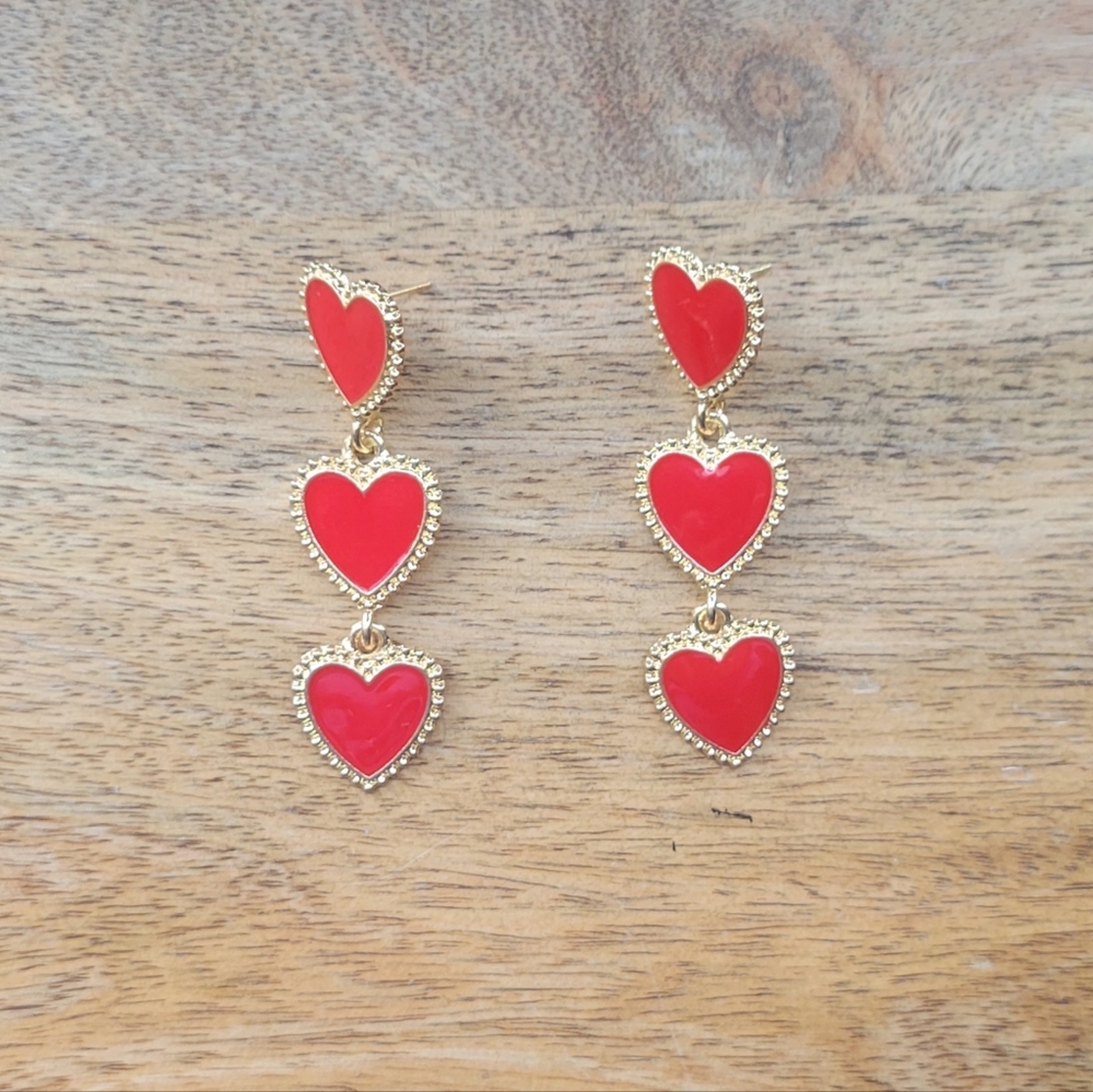 Red and Gold Dangle Heart Earrings
